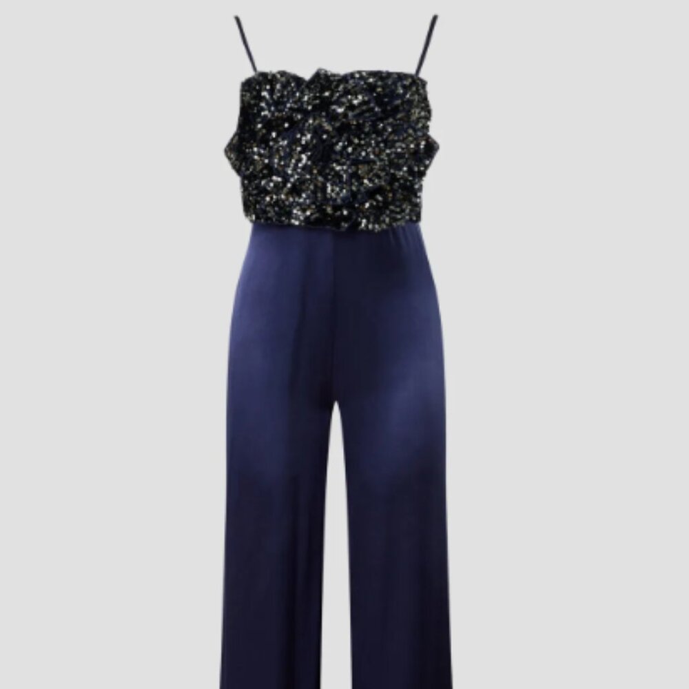 Badgley Mischka Rose Sequin Jumpsuit, Navy Blue - Size 12 - Picture 3 of 10